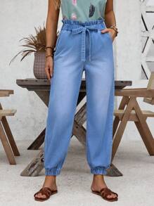 SHEIN LUNE Paperbag Waist Belted Jogger Jeans - Blue - View 3