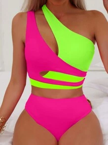 SHEIN Swim Women's Summer Beach Colorblock Neon One Shoulder Bikini Set Bathing Suit