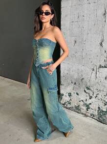 Denimoi Top de mezclilla bandeau con encaje en la parte delantera - Azul lavado oscuro - Ver 2