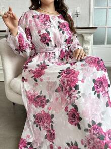 Modelyn 加大码长袖随机花卉印花连衣裙，优雅礼服，适合婚礼宾客/场合/仪式/晚会，长款晚礼服，女士秋季服装 - 粉色 - 查看 6