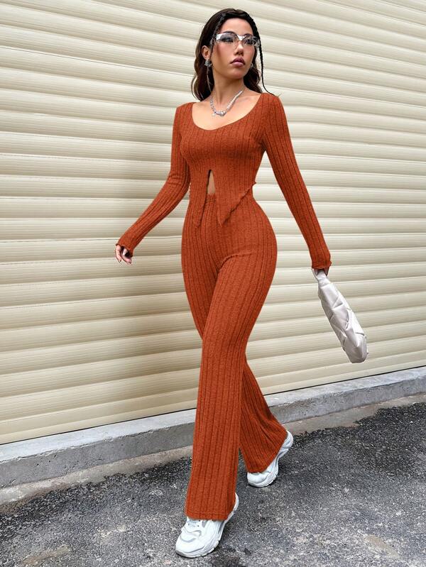 Flirla Split Hem Tee & Flare Leg Pants