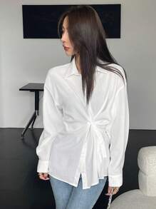 DAZY Solid Color Loose Long Sleeve Lapel Slanted Placket Women's Shirt - White - View 6