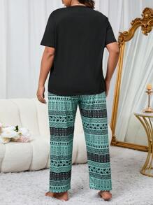 Plus Size Geo Print Top And Pants Pajama Sets, Outfits - Green - View 3