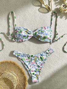 Swim Vcay 女性夏日沙灘花卉印花比基尼套裝，扭結前面細節，隨機印花 - 彩色 - 查看 1