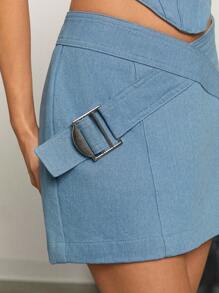 Denimoi Denim Cut Out Corset & Skirt With Belt Strap Two Pieces Set