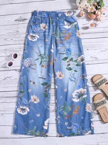 SHEIN Teen Girls Denim Effect Botanical Pattern Blue Washed Denim Soft Baggy Wide Leg Trousers - Medium Wash - View 3