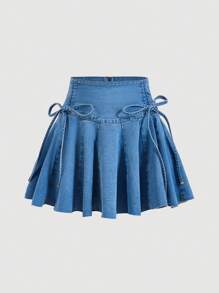 SHEIN MOD Knot Side Pleated Denim Skirt - Light Wash - View 1