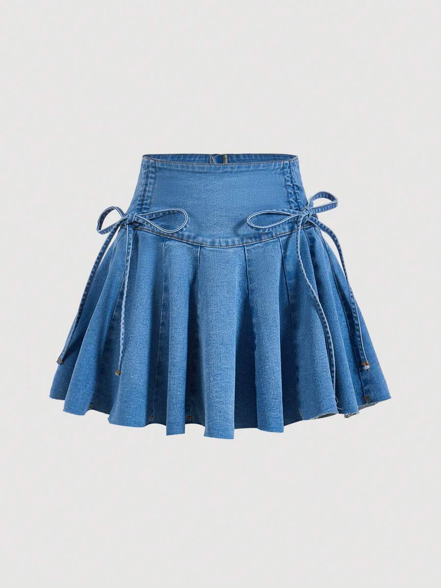 SHEIN MOD Knot Side Pleated Denim Skirt - Light Wash - View 1