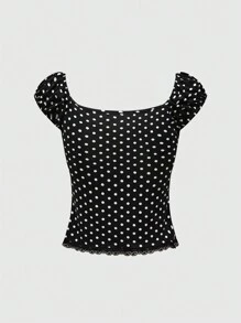 ROMWE Goth V-Neck Polka Dot Tee With Bow Decoration For Women, Slim-Fit And Versatile - Black and White - View 4