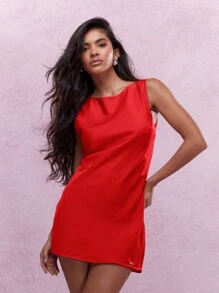 MISSGUIDED Satin Sleeveless Short Sheath Dress Christmas - Red - View 1