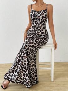 Almamuse Vestido largo con estampado de leopardo, vestido de mujer tipo camisero maxi - Caqui - Ver 6