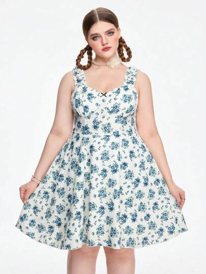Kawaii Vestido camisero con estampado floral Plus para las vacaciones de verano