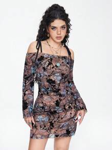 ROMWE Fairycore Floral Print Cold Shoulder Flounce Sleeve Mesh Dress - Multicolor - View 5