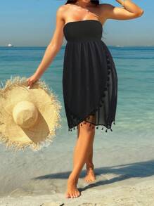 Swim Vcay 女士纯色简约款无肩带文胸上衣，适合日常穿着夏季 - 黑色 - 查看 4