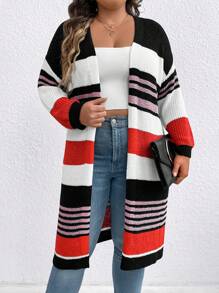 SHEIN LUNE Plus Striped Pattern Drop Shoulder Duster Fall Cardigan , Color Block