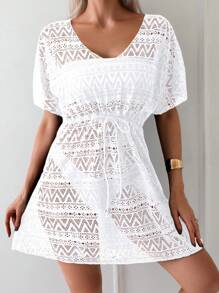 LanaWest Hollow Out Drawstring Waist Cover Up Dress Without Bikini Summer - White - View 4
