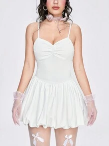 ROMWE Vestido mini sexy sin tirantes con pliegues y borde de encaje - Blanco - Ver 2