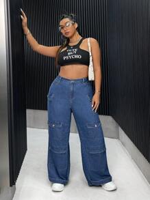 SHEIN ICON Plus Flap Pocket Cargo Jeans - Blue - View 1