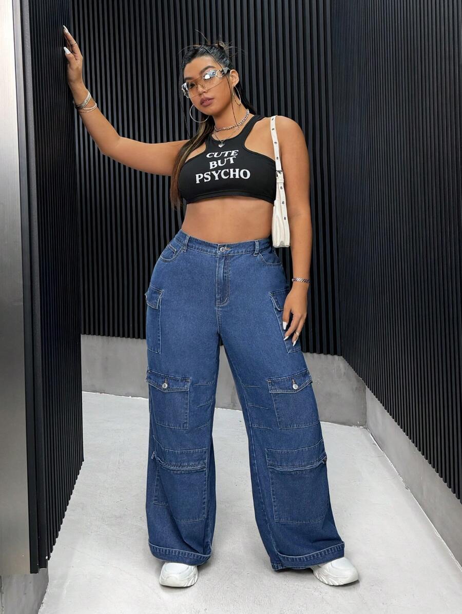 SHEIN ICON Plus Flap Pocket Cargo Jeans - Blue - View 1