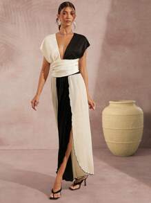 L'Amorae 兩色系深V領分腿連身褲 - 彩色 - 查看 6