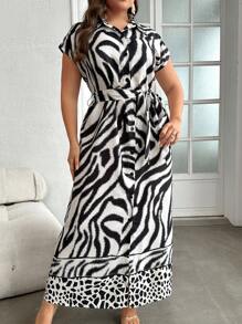 Modelyn Plus Zebra Striped & Leopard Print Belted Shirt Dress