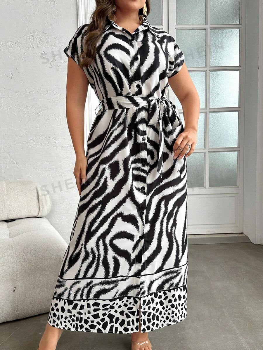 Modelyn Vestido camisero con cinturón de estampado de cebra y leopardo en tallas grandes