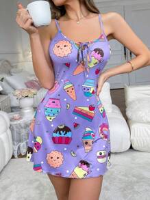 Camisón de pijama con gráficos de dibujos animados y lazo frontal