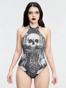 ROMWE Grunge Punk Dark Punk Skull & Mesh Print Halterneck Bodysuit - Black - View 1