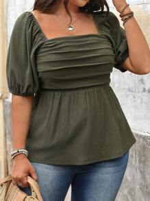 Breezaya Plus Solid Square Neck Puff Sleeve Blouse Peplum Top - Army Green - View 4