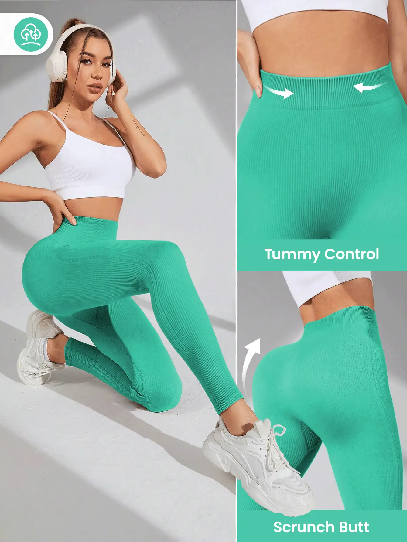 Easithlete 无缝高弹宽腰运动紧身裤瑜伽女裤 - 綠色 - 查看 8