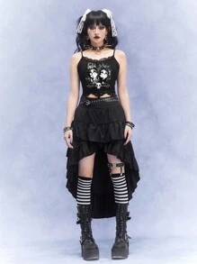 Corpse Bride | ROMWE Gothic Figure Patterned Contrast Lace Slim Fit Crop Camisole Top, School