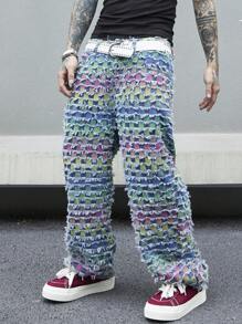 Manfinity EMRG 男士全印花直筒牛仔裤 宽腿牛仔裤 长款宽松洗水工装牛仔裤，适合送给老公、男朋友的礼物 - 彩色 - 查看 6