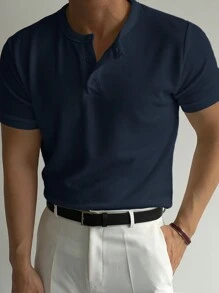 DAZY Men's Summer Solid Button Placket Short Sleeve Casual T-Shirt - Navy Blue - View 5