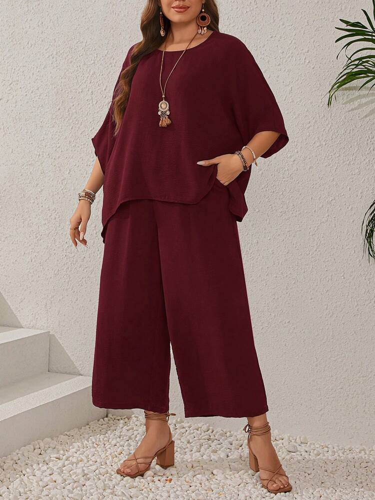 Plus Size Women's Dark Blue Batwing Sleeve Round Neck Shirt And Wide Leg Pants Set With Pockets For Summer
