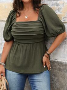 Breezaya Plus Solid Square Neck Puff Sleeve Blouse Peplum Top - Army Green - View 1