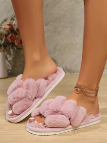 秋冬女士拖鞋，交叉带和蓬松装饰，室内防滑家居拖鞋，时尚 3D 高端设计女士拖鞋 - 藕粉色 - 查看 3