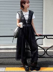 FRIFUL Women Solid Color Mesh Deep V Backless Sundress, Back To School Dress - Black - View 1