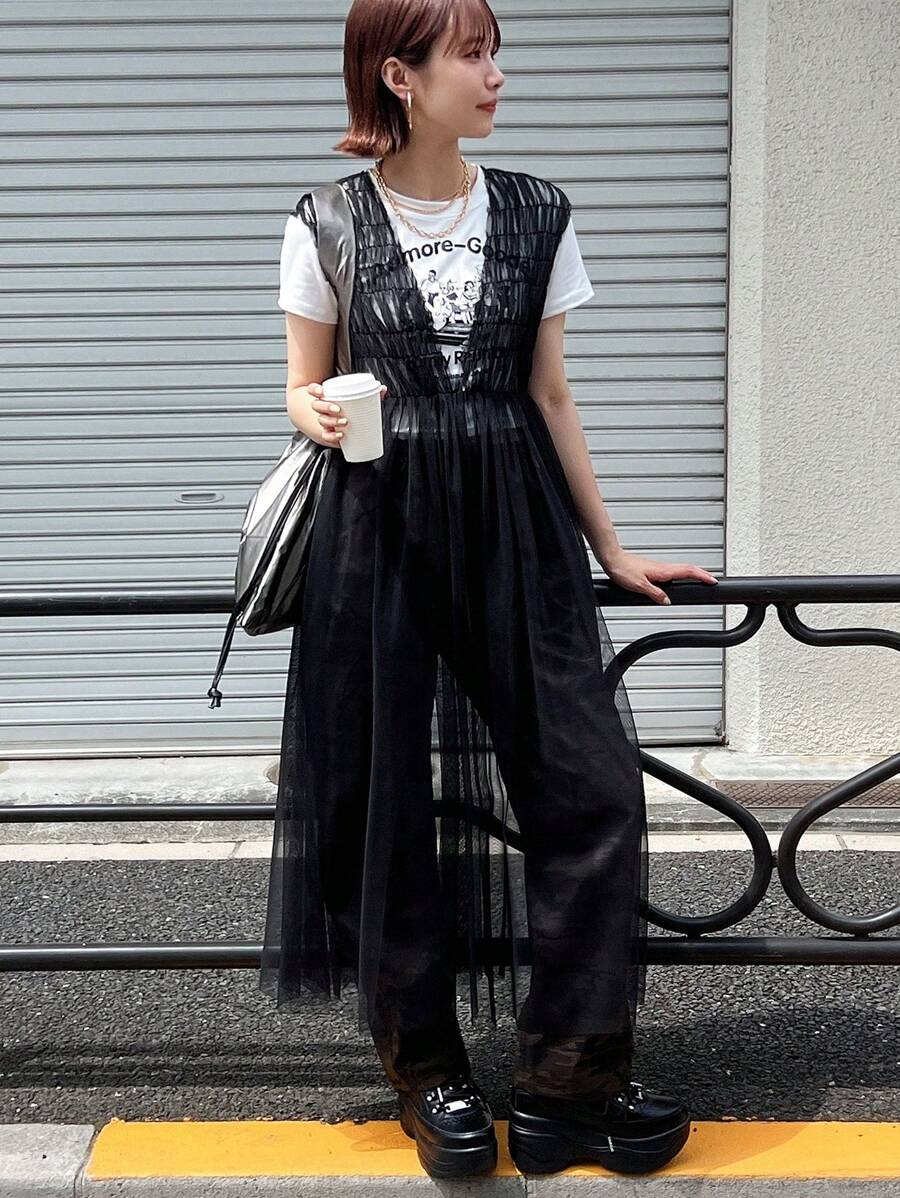 FRIFUL Women Solid Color Mesh Deep V Backless Sundress, Back To School Dress - Black - View 1