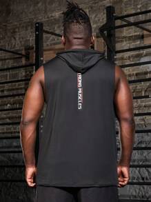 Manfinity Fitness Men Plus Size Slogan Print Drawstring Hooded Sports Tank Top