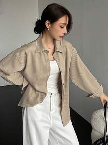 DAZY Striped Print Drop Shoulder Blouse,Fall Clothes Preppy Tops Long Sleeve Top - Khaki - View 4