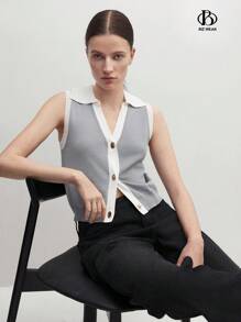 BizChic Cómoda blusa de verano tejida para mujer en negro y albaricoque