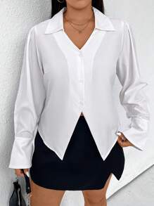 Flirla Plus Solid Button Front Blouse - White - View 7