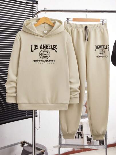 SHEIN 2pcs Teen Boys' Casual Hooded Fleece Sweatshirt And English Logo Print Tapered Joggers, Suitable For Fall, Winter, Warm, College, Home, Daily, Sports, Simple And Versatile