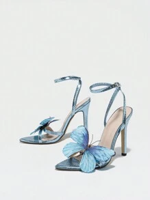 Giày cao gót nữ, kiểu dáng thời trang, mũi nhọn, họa tiết hoa 3D, quai mảnh, màu vàng thanh lịch, thích hợp cho mùa xuân hè, hoạt động ngoài trời, hộp đêm, giày cao gót gót nhọn. - Màu xanh nhạt - Xem 5