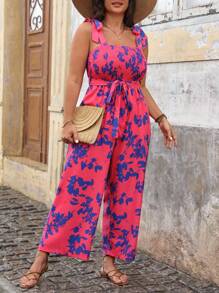 Breezaya Plus Floral Print Tie Shoulder Belted Jumpsuit - Multicolor - View 3