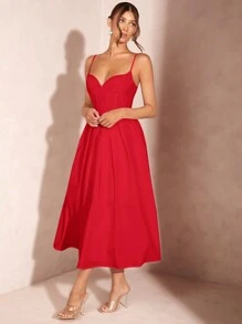 SHEIN BAE 女式束腰肩帶超A字裙中長禮服，白色畢業典禮/婚禮/優雅洋裝 - 紅色 - 查看 3