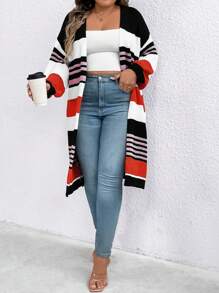 SHEIN LUNE Plus Striped Pattern Drop Shoulder Duster Fall Cardigan , Color Block