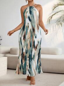 SHEIN Clasi Plus Size Spaghetti Strap Ruched Hem Floral Print Dress, Women Outfit For Summer - Green - View 6