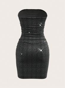 SHEIN ICON 返校节礼服夏季性感金属感紧身迷你露肩连衣裙 - 銀色 - 查看 7