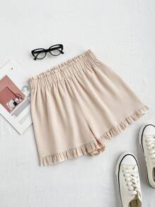 SHEIN Unity Versatile Casual Ruffle Trim Shorts - Khaki - View 1